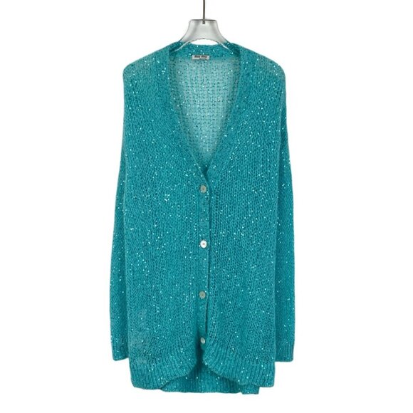 Miu Miu Blue Sequined Mohair Blend V-Neck Button-Up Cardigan Sweater Size S Made - Picture 1 of 8